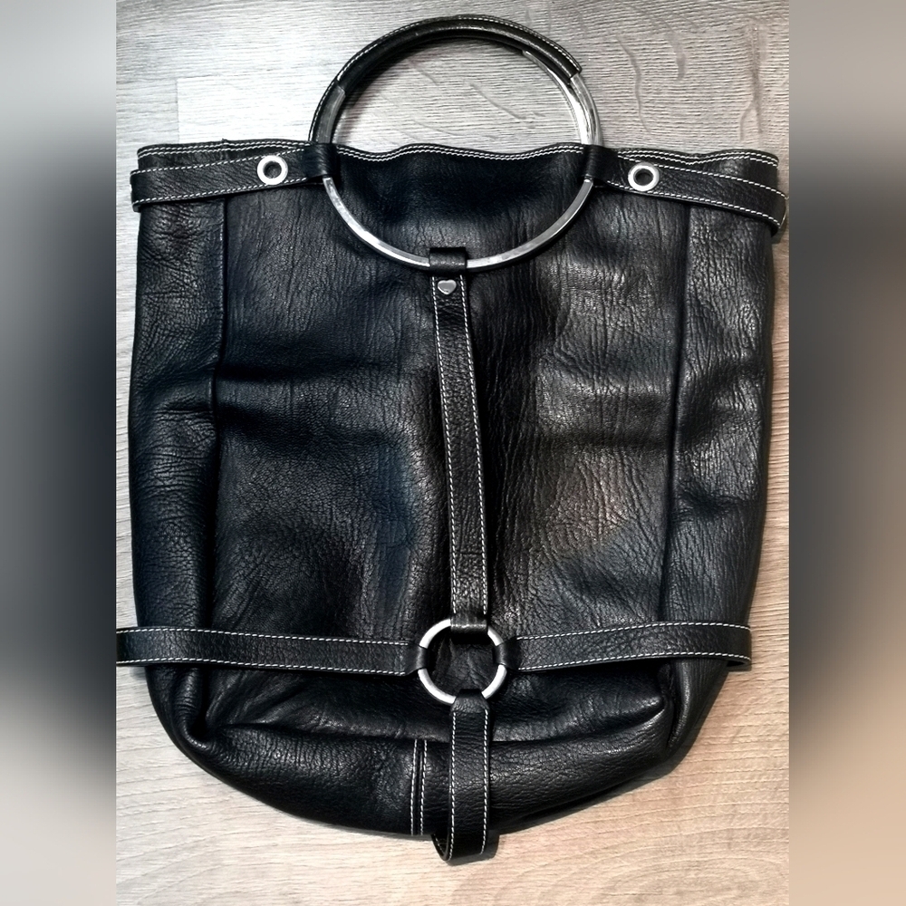 Vintage Luella Genuine Leather Strap Bucket Handbag w/silver Metal Hardware